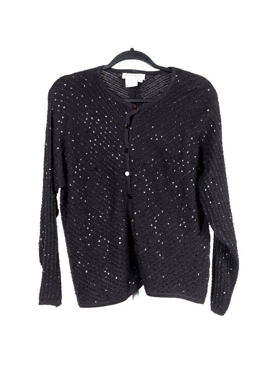 Robert Scott Sweaters - VTG Cardigan Sweater Petite L Black Bead Sequin Button Festival Boho Whimsigoth